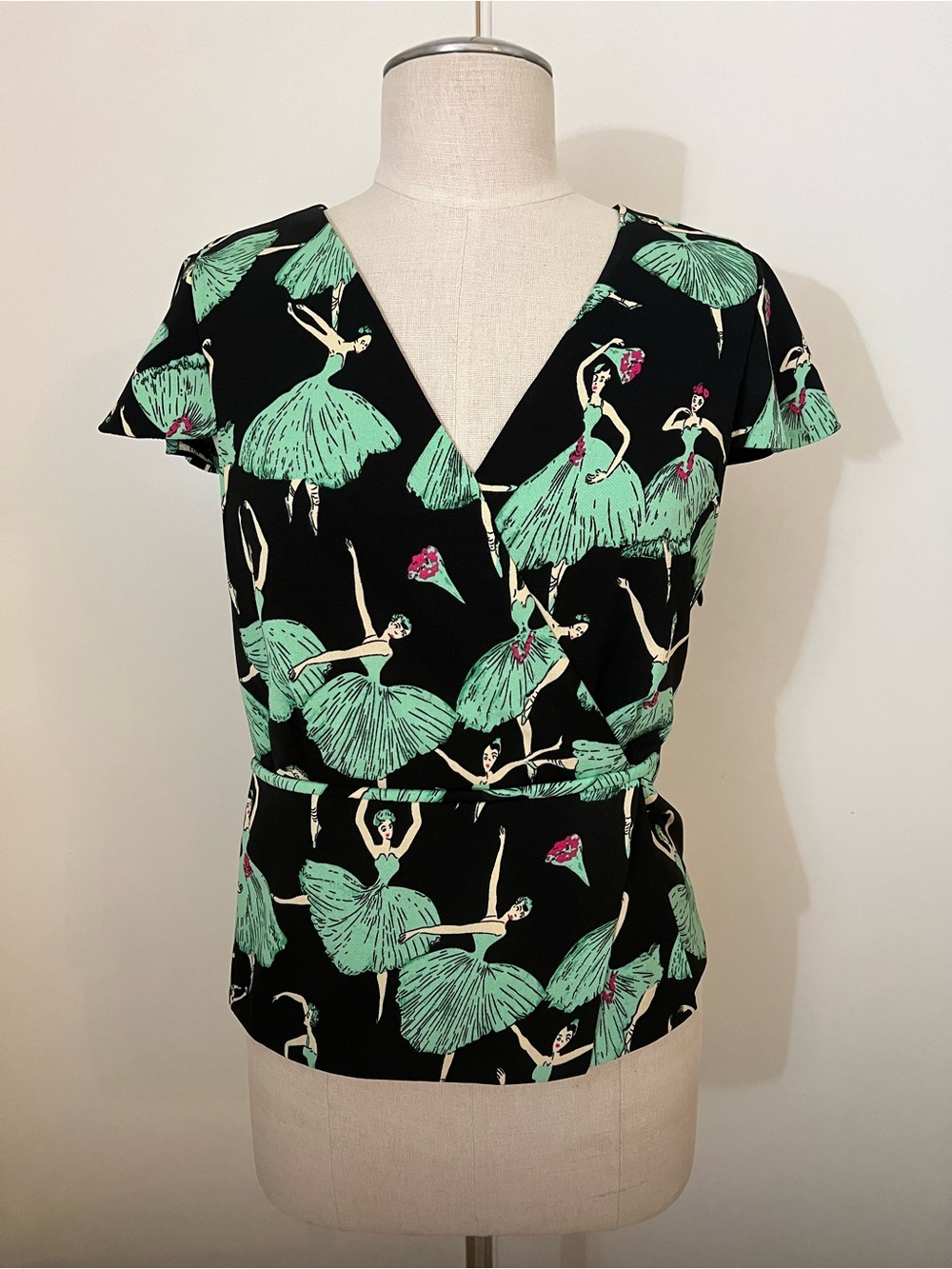 Faux Wrap Blouse with Mint Ballerina Print